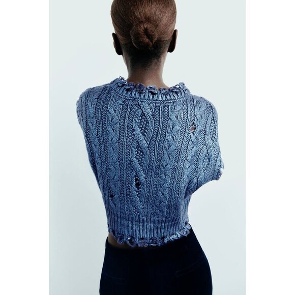 NWT Zara blue cable knit cropped metallic vest sleeveless sweater, S - Picture 5 of 12